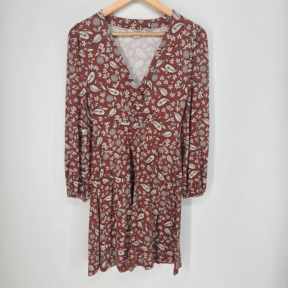 Boden Faux Wrap Dress Womens 6P Rust Red Paisley Floral Long Sleeve Pocket
